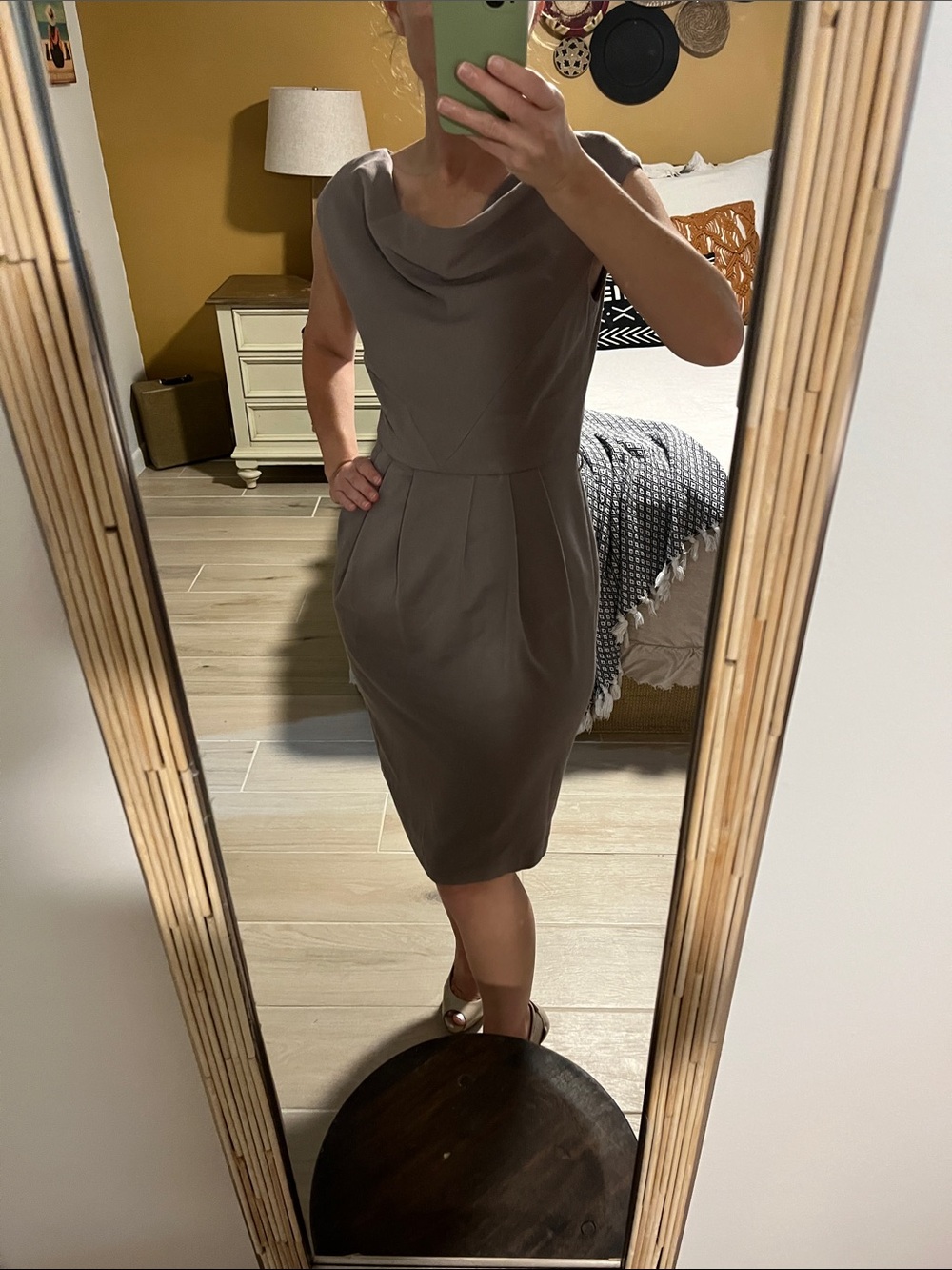 Maggy London Taupe Cowl-Neck Midi Sheath Dress